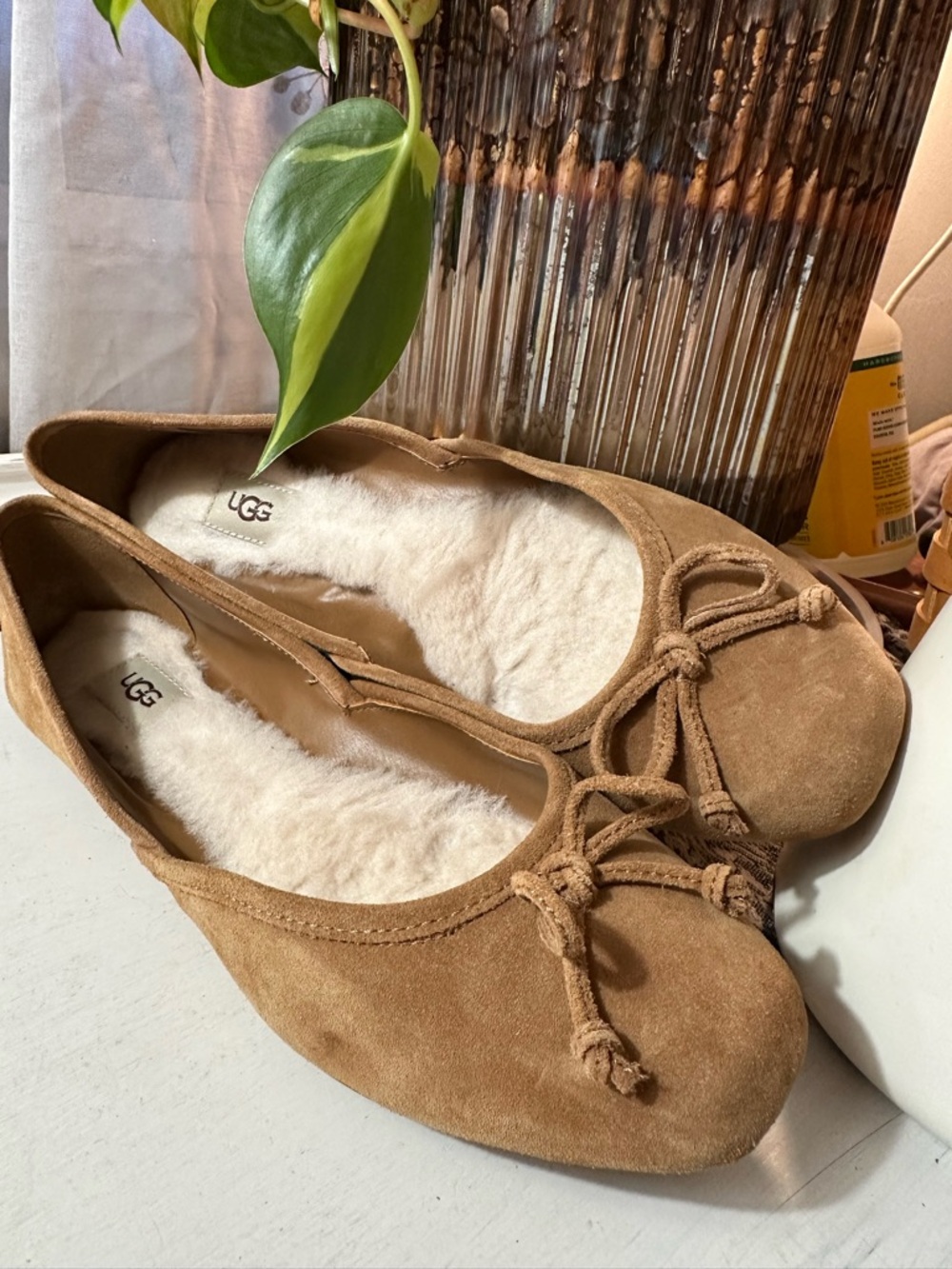 UGG Chestnut Suede Shearling Ballet Flats with Bow - Picture 9 of 11
